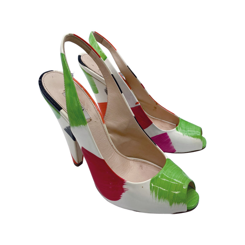 second-hand PRADA multicolour patent leather open toe sling-back heels
