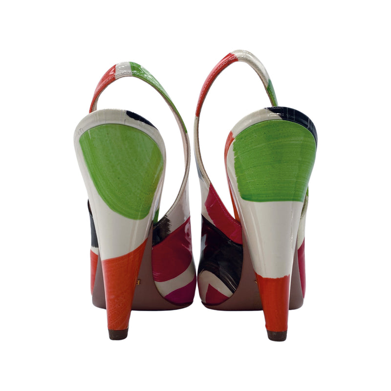 PRADA multicolour patent leather open toe sling-back heels