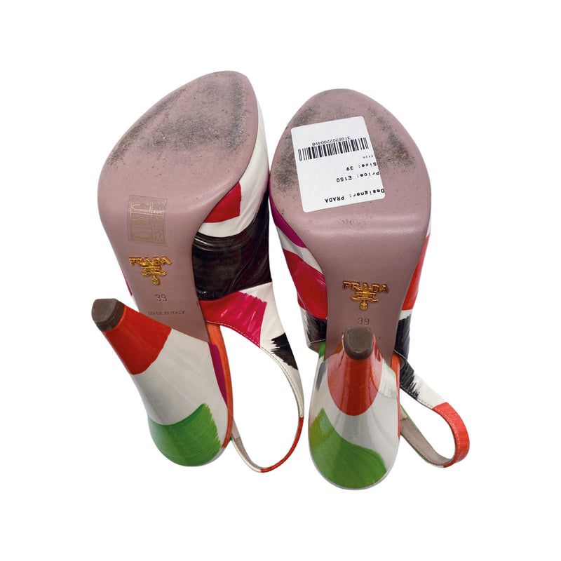 PRADA multicolour patent leather open toe sling-back heels