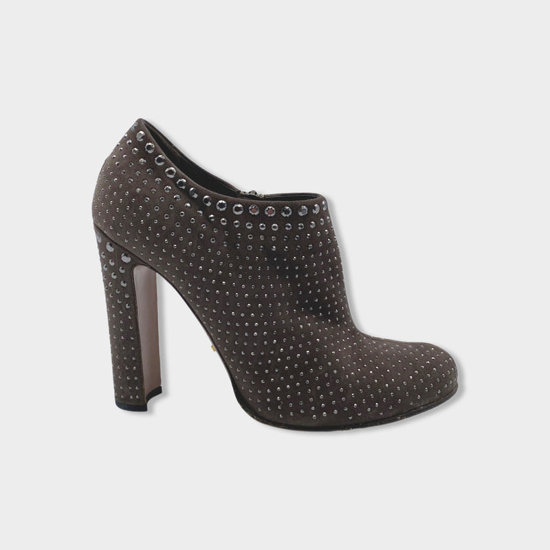 pre-owned PRADA taupe suede beaded ankle boots