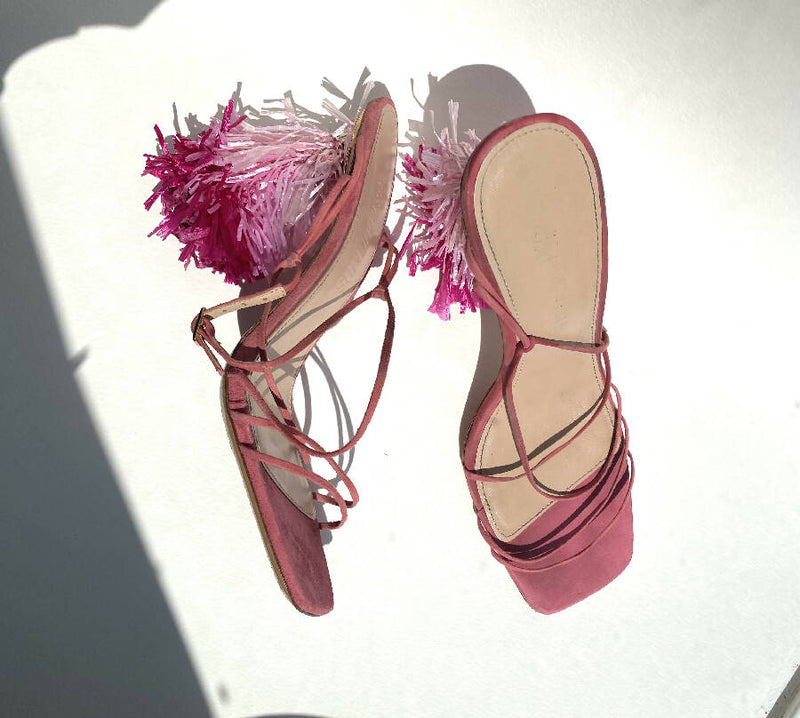 Jacquemus pink suede stappy pompom heels