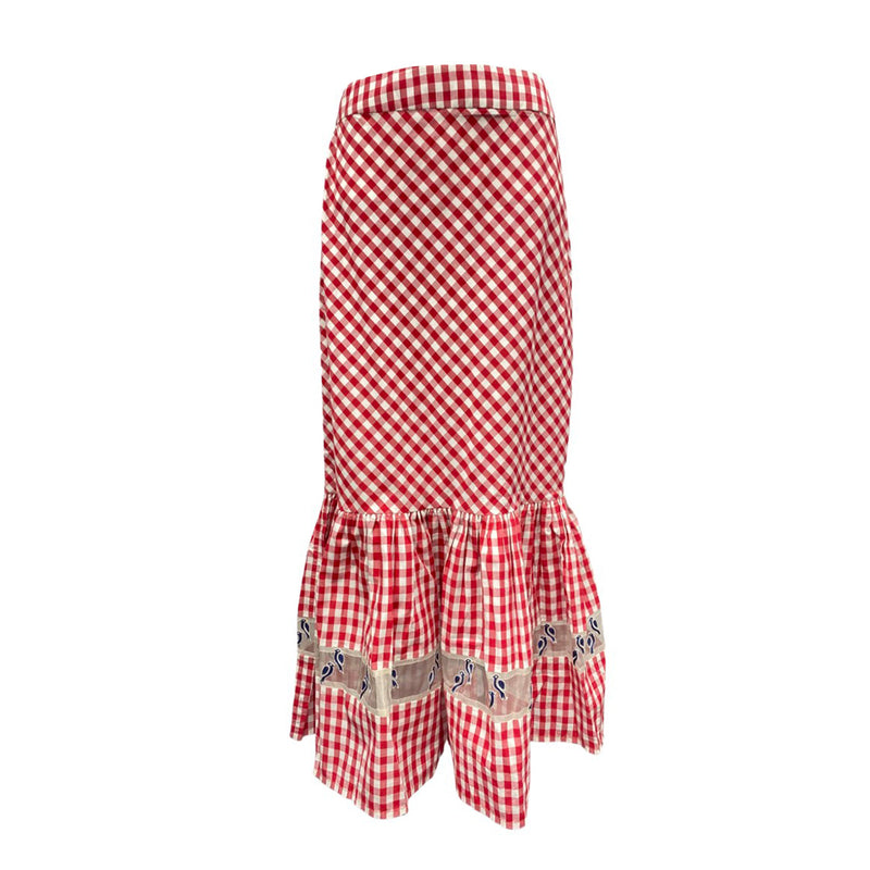 pre-owned RAHUL MISHRA red and white checked bird-embellished skirt | Size M