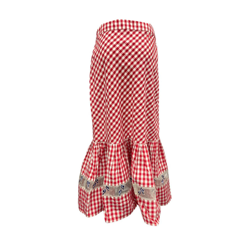 RAHUL MISHRA red and white checked bird-embellished skirt