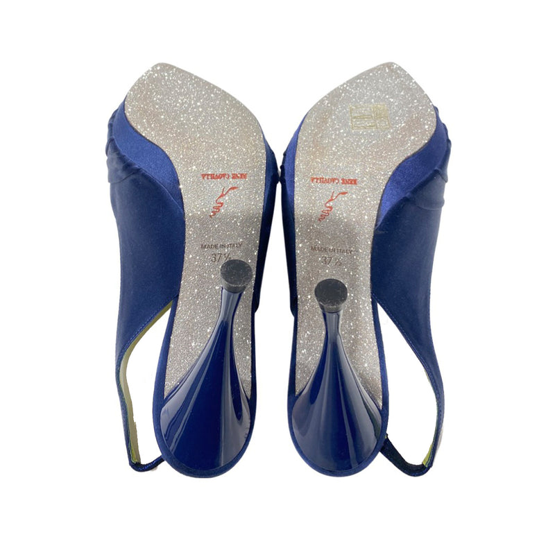 RENE CAOVILLA navy satin open toe sandal heels