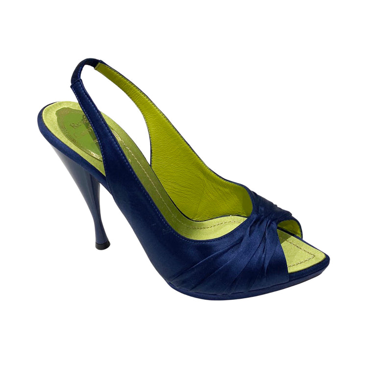 RENE CAOVILLA navy satin open toe sandal heels