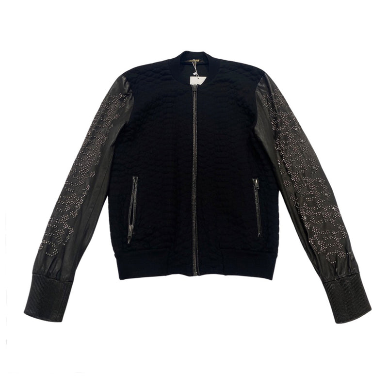 pre-owned ROBERTO CAVALLI black studded leather and woolen zipped jacket | Size L