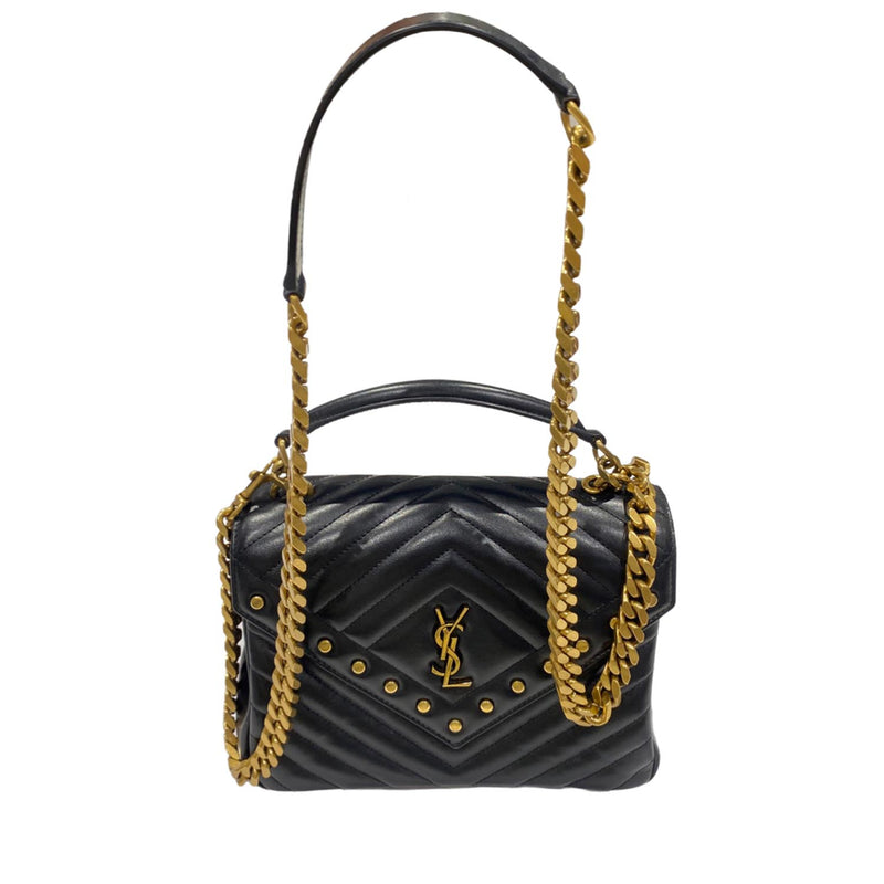 pre-lved SAINT LAURENT black and gold studded envelope leather handbag