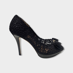 pre-owned SALVATORE FERRAGAMO black lace open-toe pumps | Size EU38.5 UK5.5