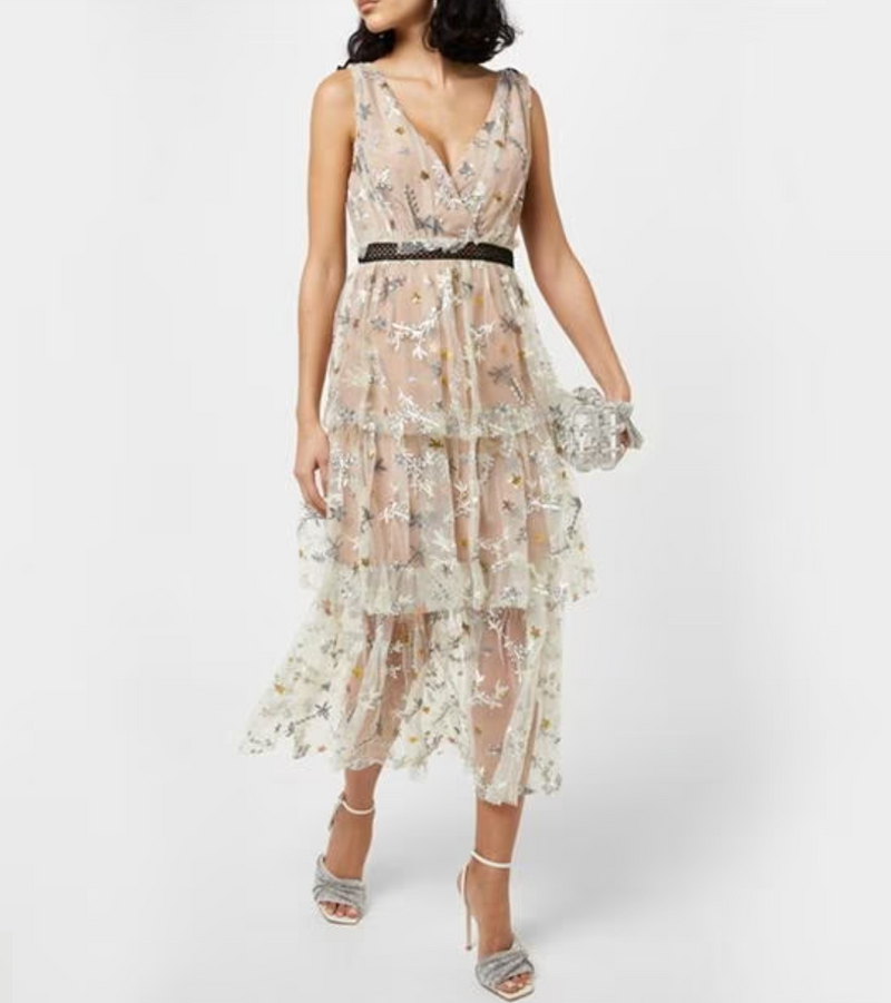 Self-Potrait Nude Polyester Dress With Embroidered Mesh Tiered Overlay