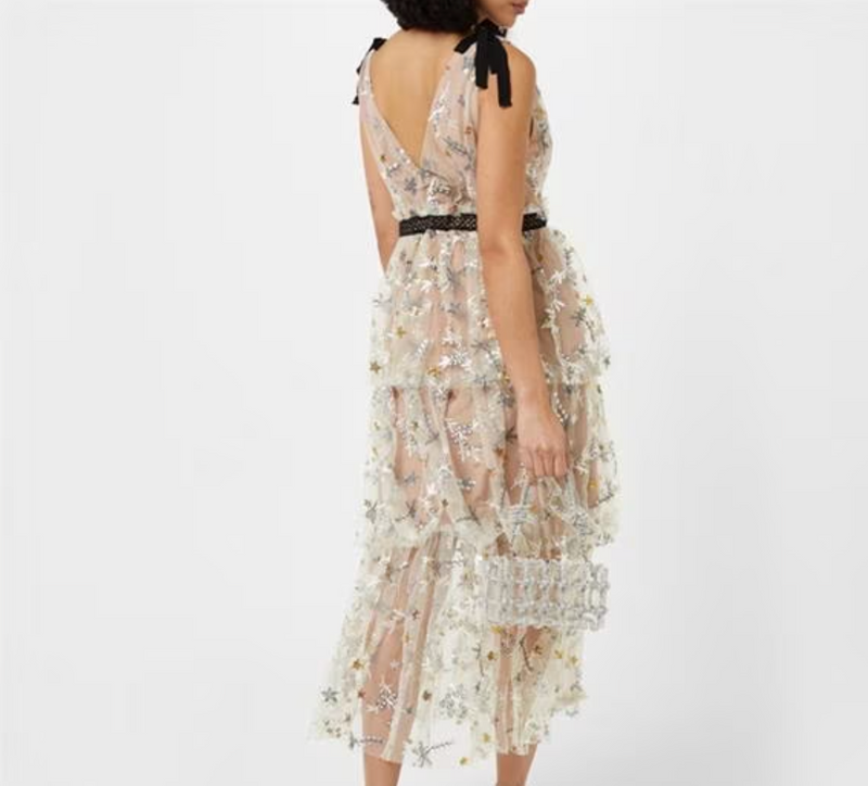 Self-Potrait Nude Polyester Dress With Embroidered Mesh Tiered Overlay
