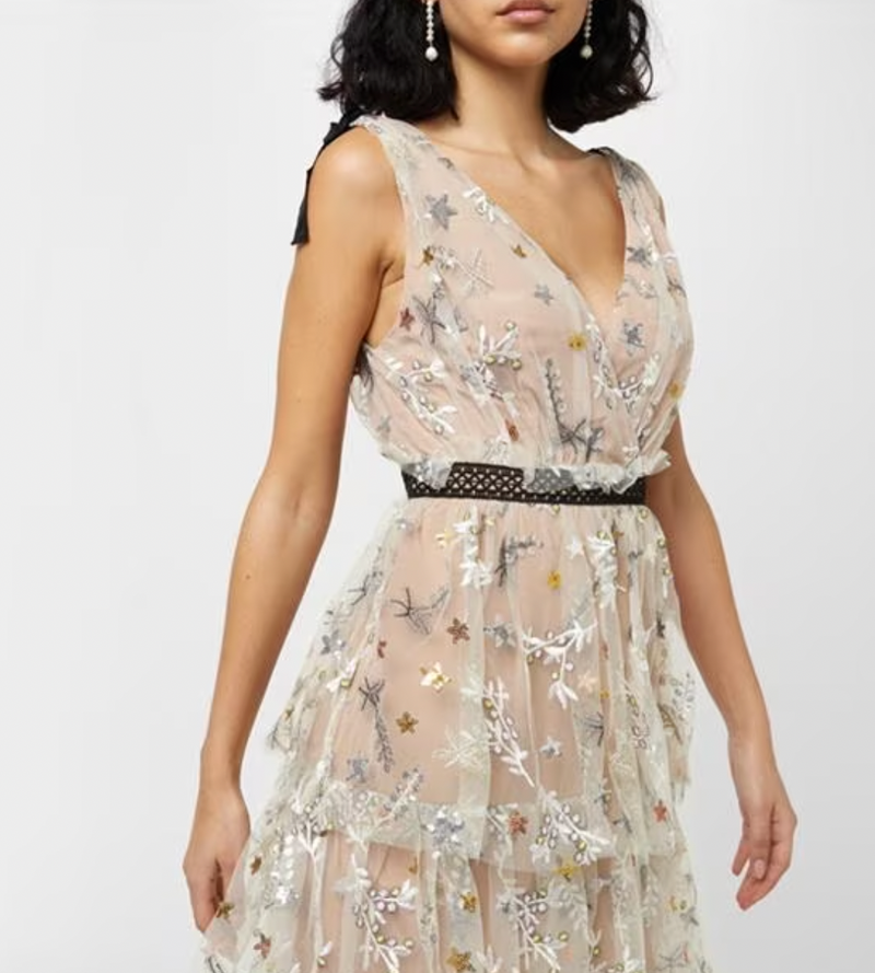 Self-Potrait Nude Polyester Dress With Embroidered Mesh Tiered Overlay