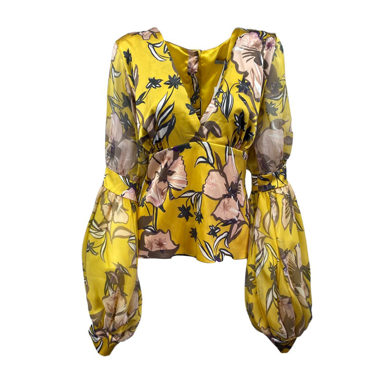 pre-owned SILVIA TCHERASSI yellow floral print silk blouse | Size M