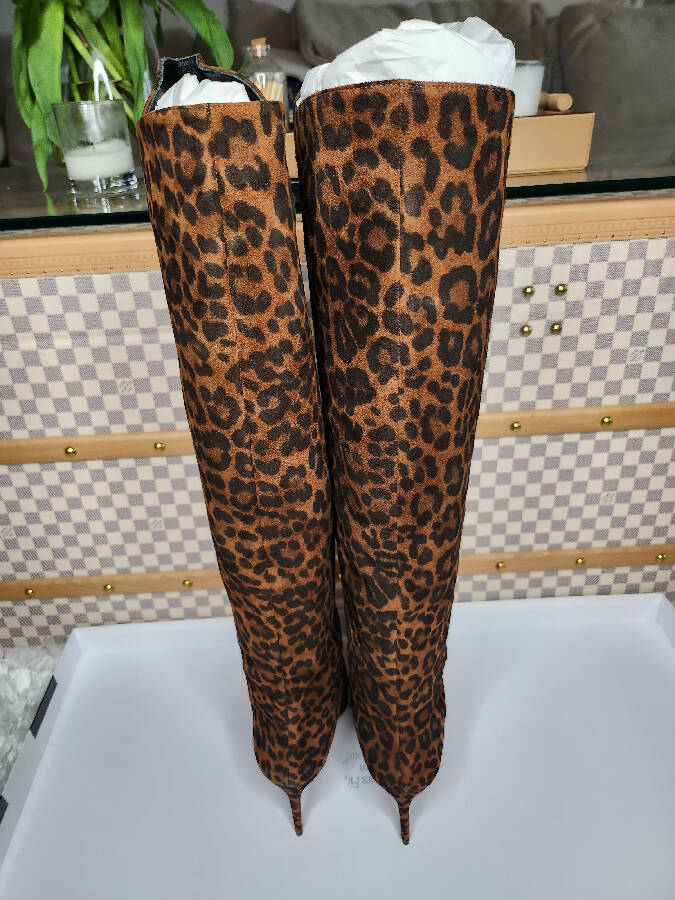 Aquazzura brown jaguar print suede gainsborough heeled boots