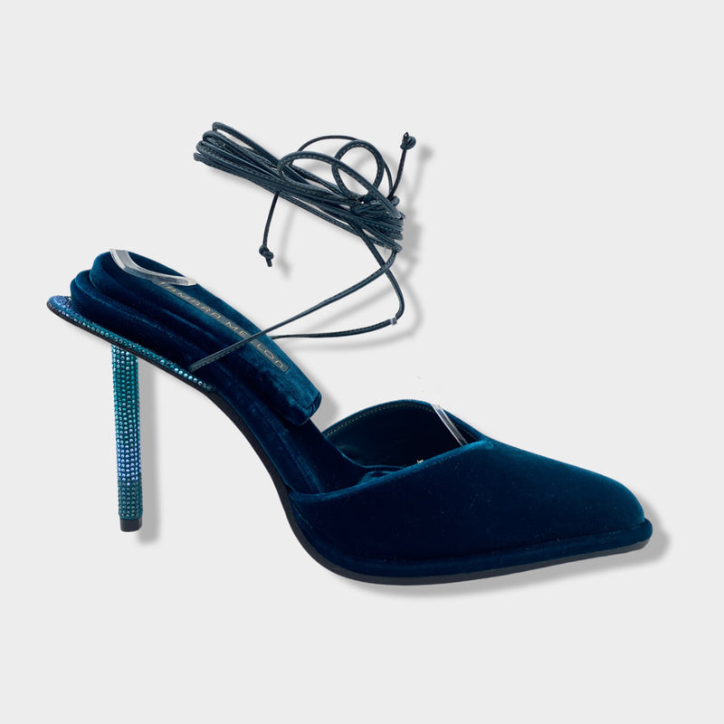 pre-owned TAMARA MELLON blue and green velvet sandal heels with rhinestones | Size 39.5