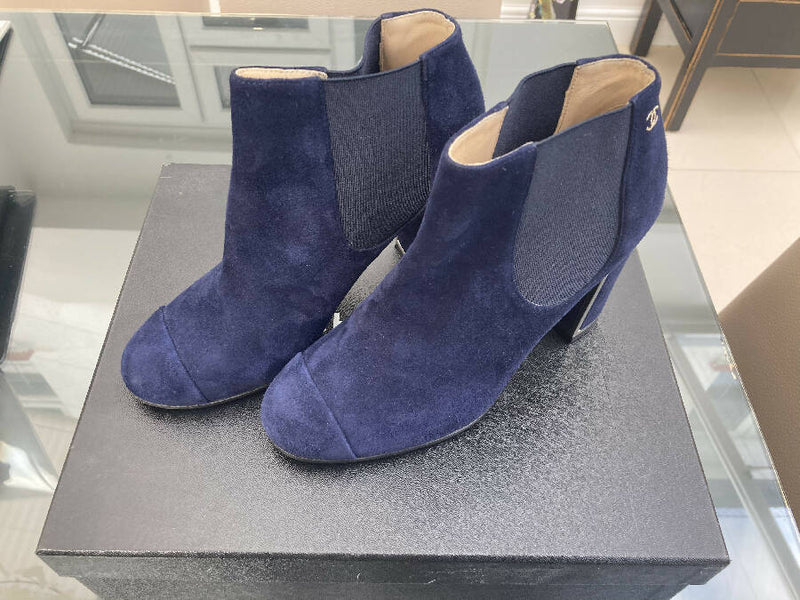 Chanel women’s navy suede block-heels ankle boots