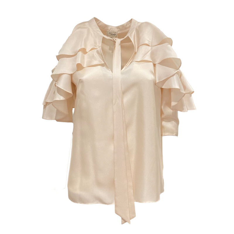 pre-owned TEMPERLEY light pink silk ruffled blouse | Size UK6