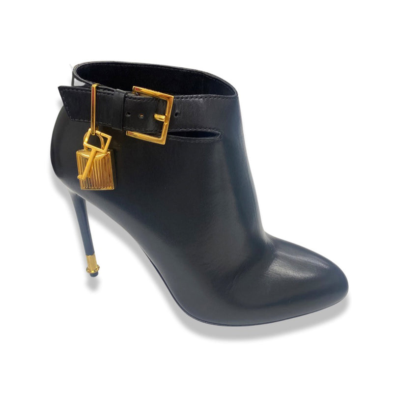 pre-owned TOM FORD black and gold leather padlock ankle boots | Size 37