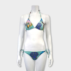 pre-owned VERSACE aquamarine blue printed bikini set