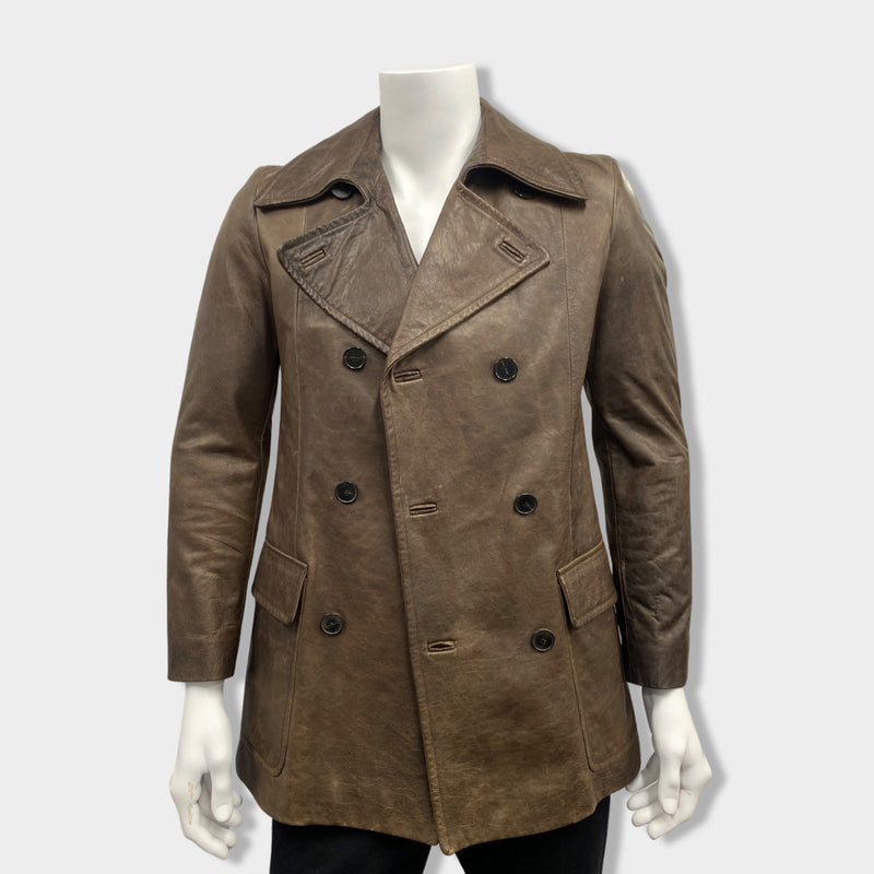 pre-owned YVES SAINT LAURENT brown double-breasted leather jacket | Size IT46