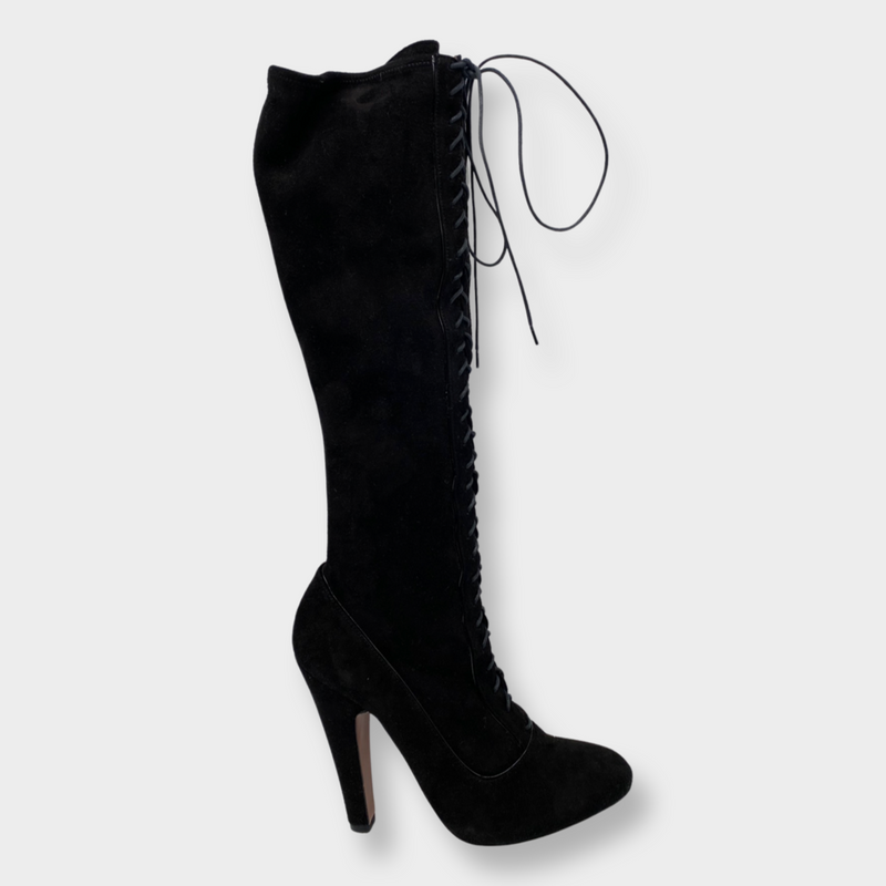 second-hand ALAÏA black suede lace up thigh-high boots