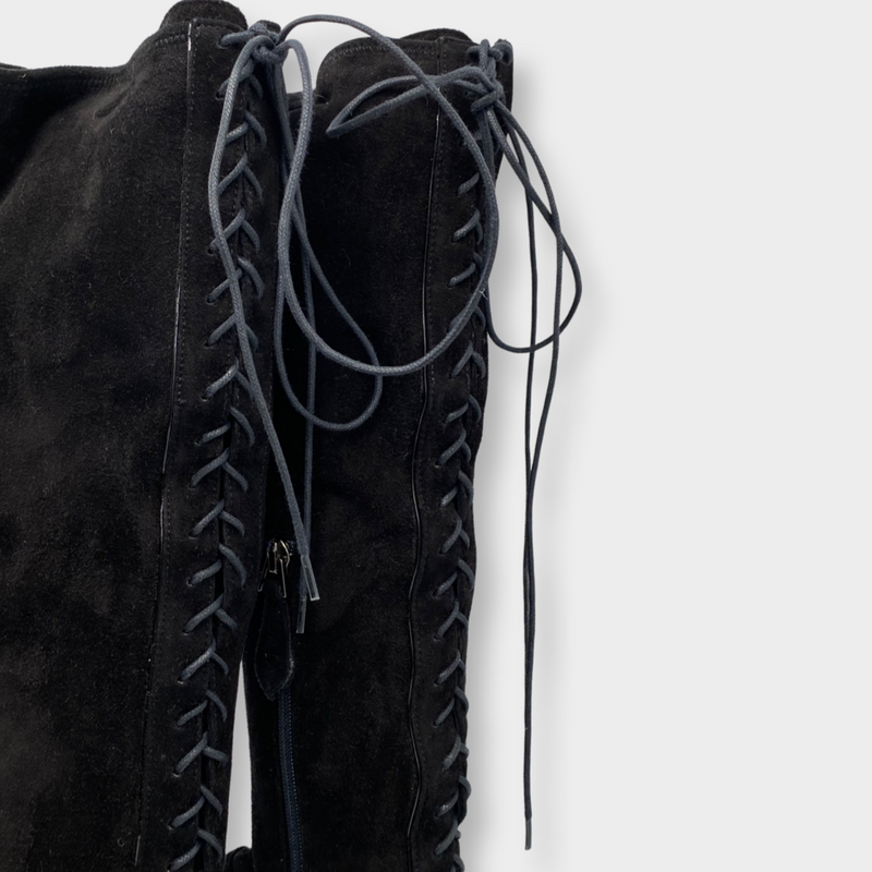 pre-loved ALAÏA black suede lace up thigh-high boots