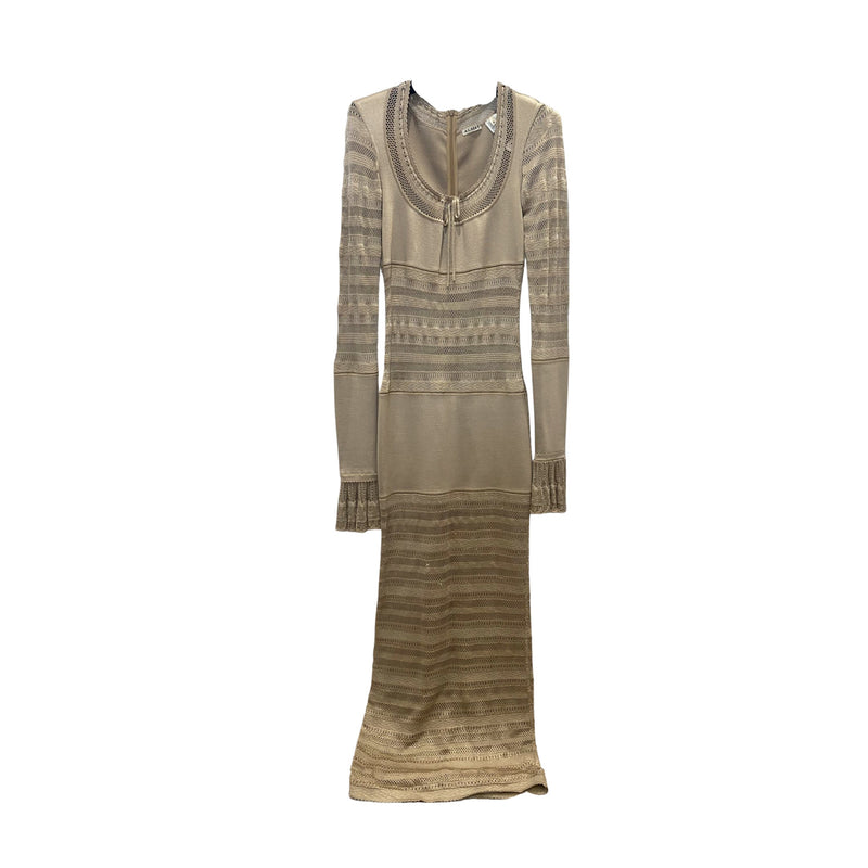pre-owned Alaia beige knitted  maxi dress with geometric motifs | Size S