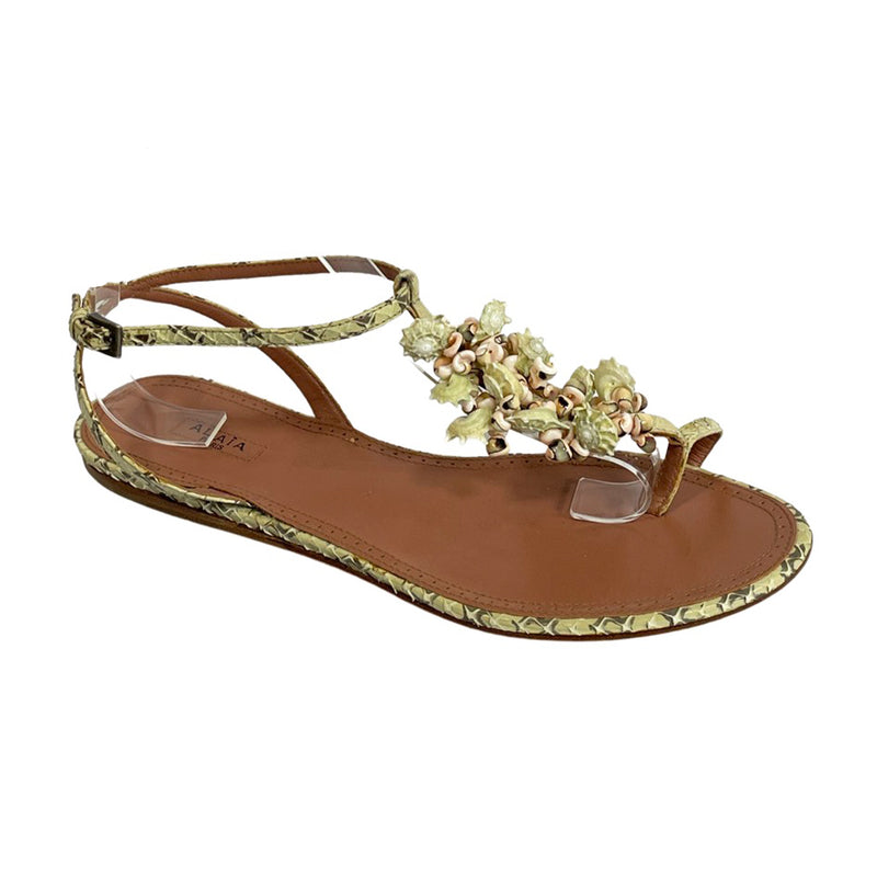 pre-owned Alaia lemon yellow python leather sandals with shell details | Size 39