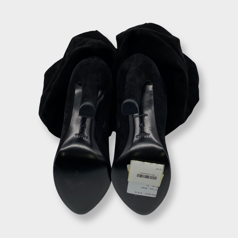 ALAÏA black suede heeled boots with oversized ankle design