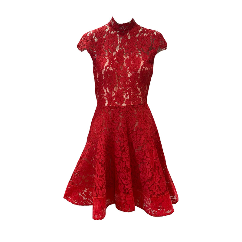 ALEX PERRY Brandi red frill lace dress with triple layers