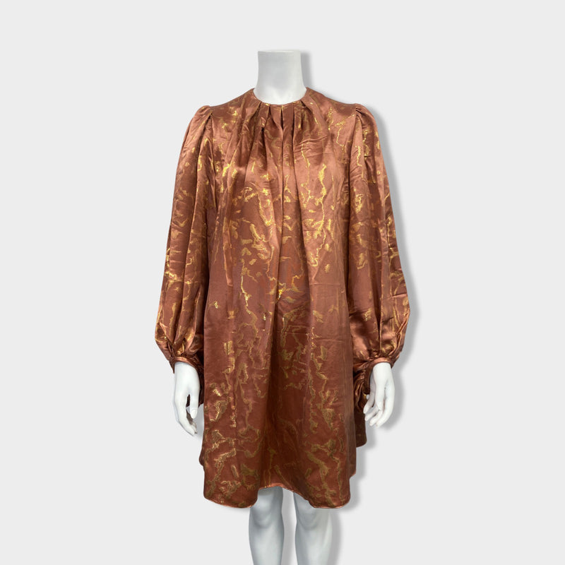 pre-owned ALEXANDER MCQUEEN peach and gold silk brocade dress | Size IT38
