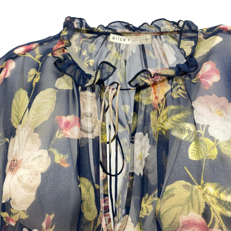 pre-owned ALICE + OLIVIA black silk floral print  blouse | Size L