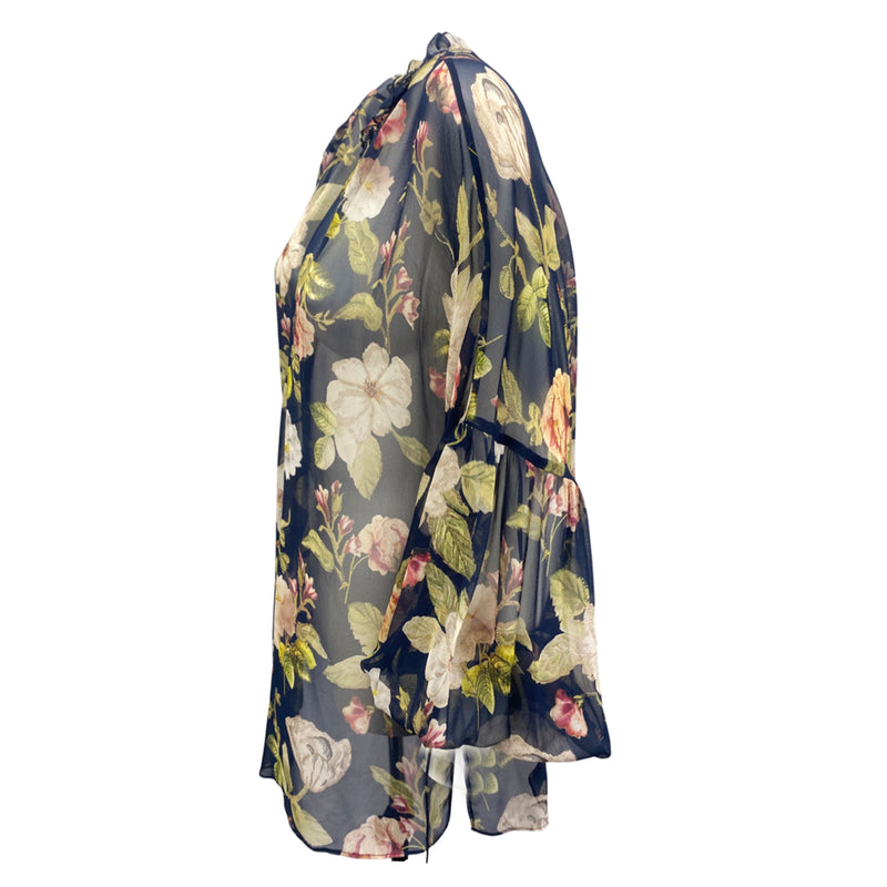 second-hand ALICE + OLIVIA black silk floral print  blouse | Size L