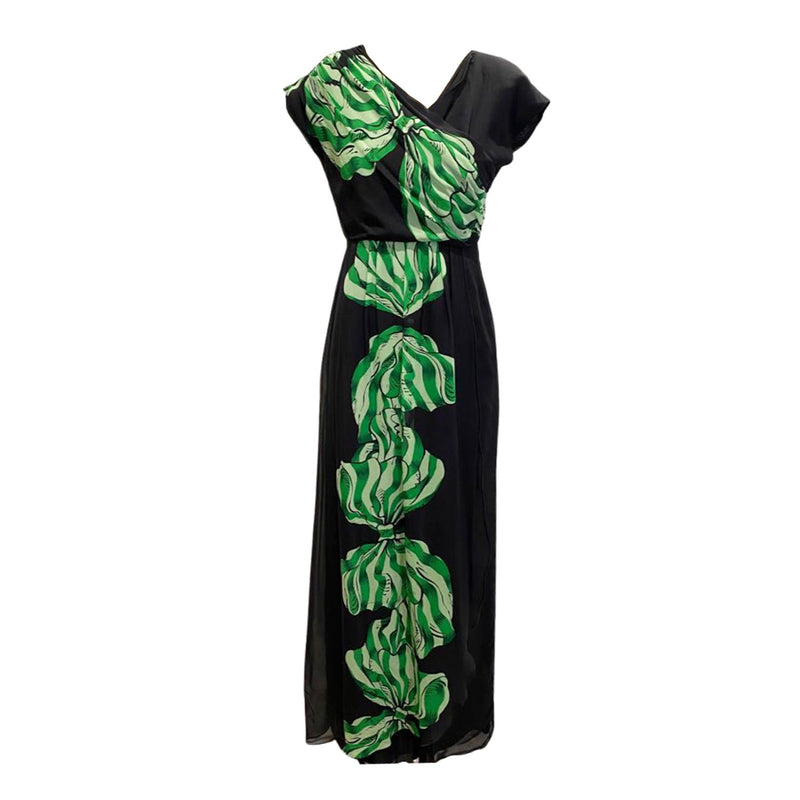 ANNA SUI black silk maxi dress with a green print