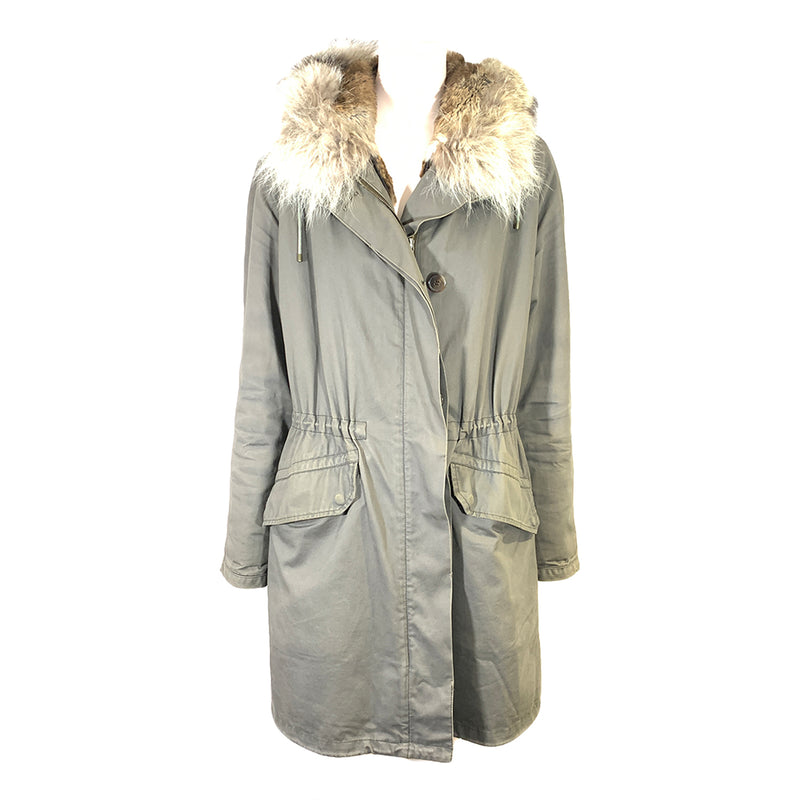 second hand Army Yves Salomon green/ grey rabbit and coyote parka coat 