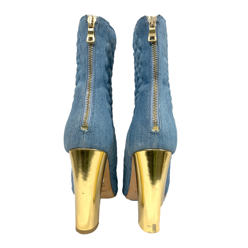 Balmain blue denim quilted boots with gold heels 
