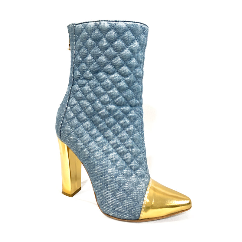 second hand Balmain blue denim quilted boots with gold heels 