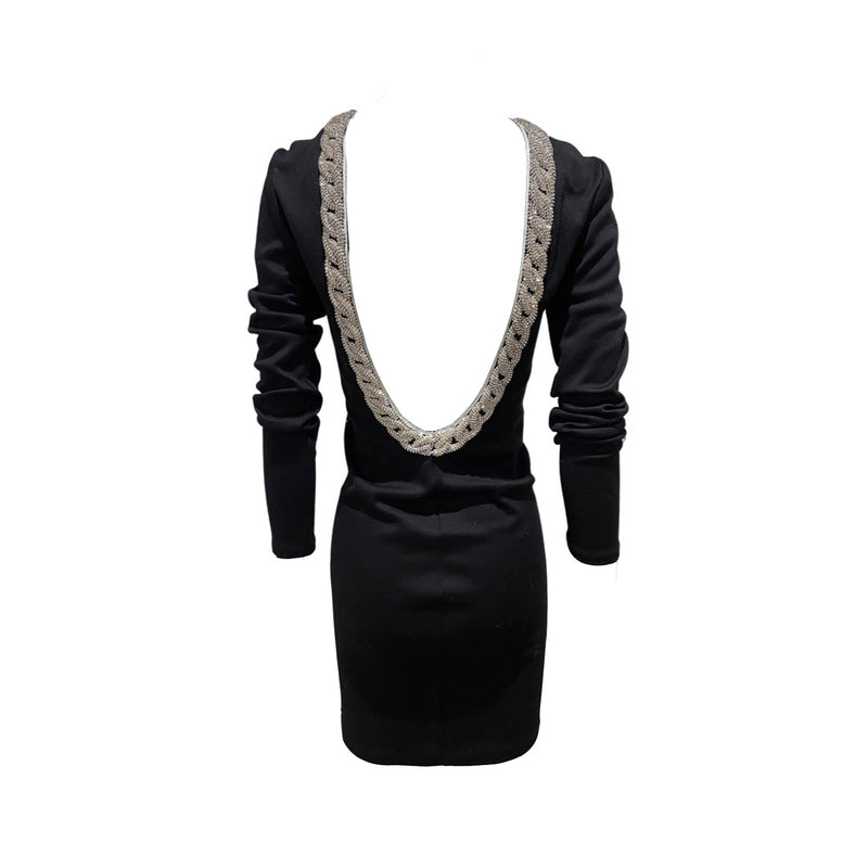 second-hand BALMAIN black open-back crystal-embellished cotton dress | Size FR36