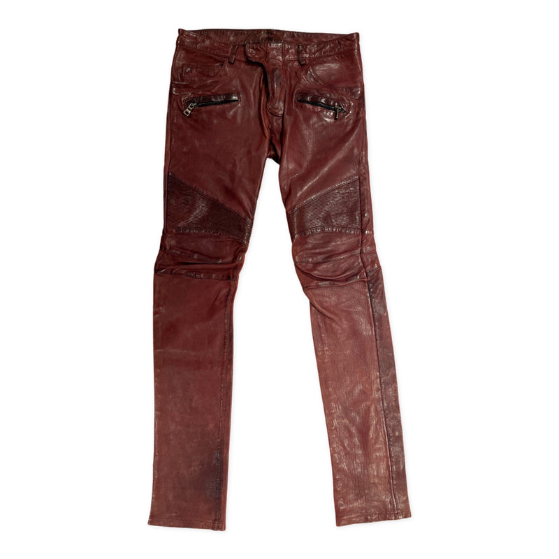 Balmain red leather biker jeans