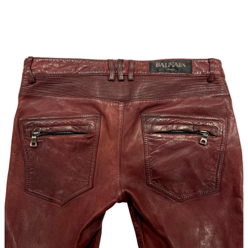 Balmain burgundy leather biker jeans