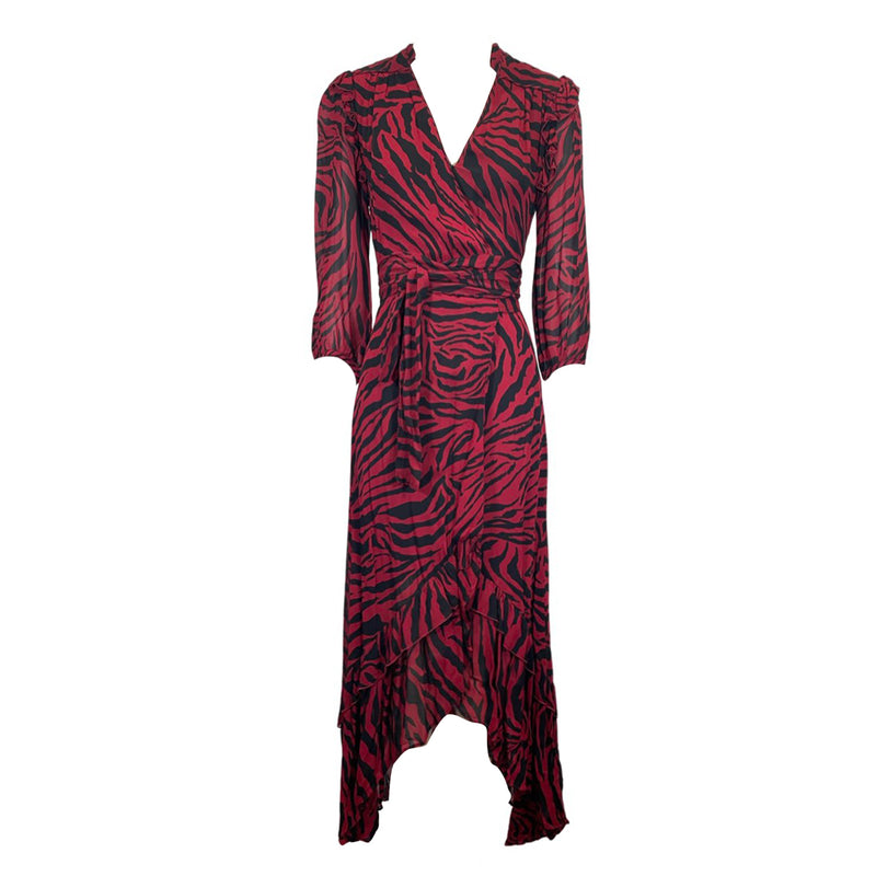 pre-owned BA&SH burgundy animal print viscose belted dress | Size 0