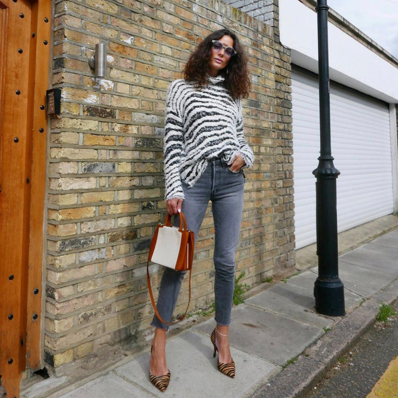 London second hand blogger Hedvig wearing Dionella black and white By Malene Birger jumper from Loop Generation