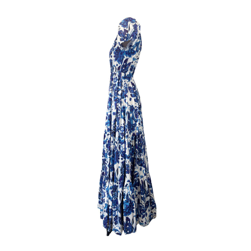 pre-loved CAROLINE CONSTAS white and blue floral print cotton dress | Size XS