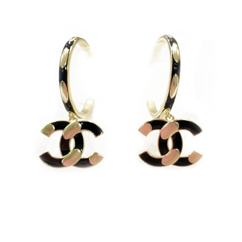 second-hand CHANEL CC logo black and gold hoop earrings