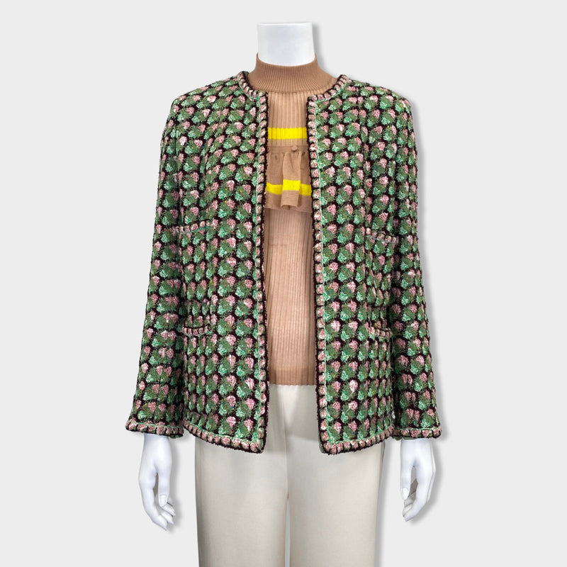 pre-owned CHANEL green and rose floral knitted tweed jacket | Size FR40