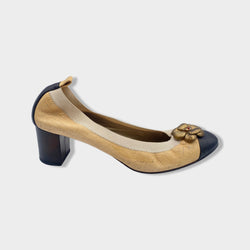 pre-owned CHANEL beige and black Camellia pumps | Size EU38.5 UK5.5
