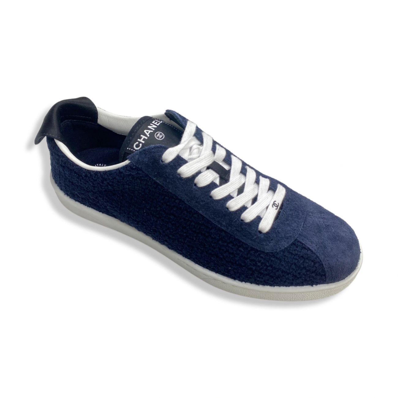 Chanel Blue/White Rubber and Velvet CC Trainer Low Top Sneakers Size 38.5  at 1stDibs