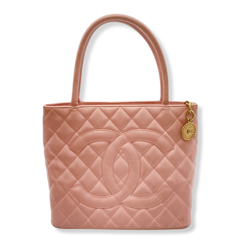 second-hand CHANEL pink grained leather Medallion tote bag