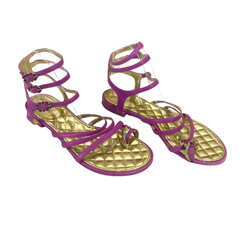 second-hand CHANEL fuchsia and gold leather sandals | Size 38