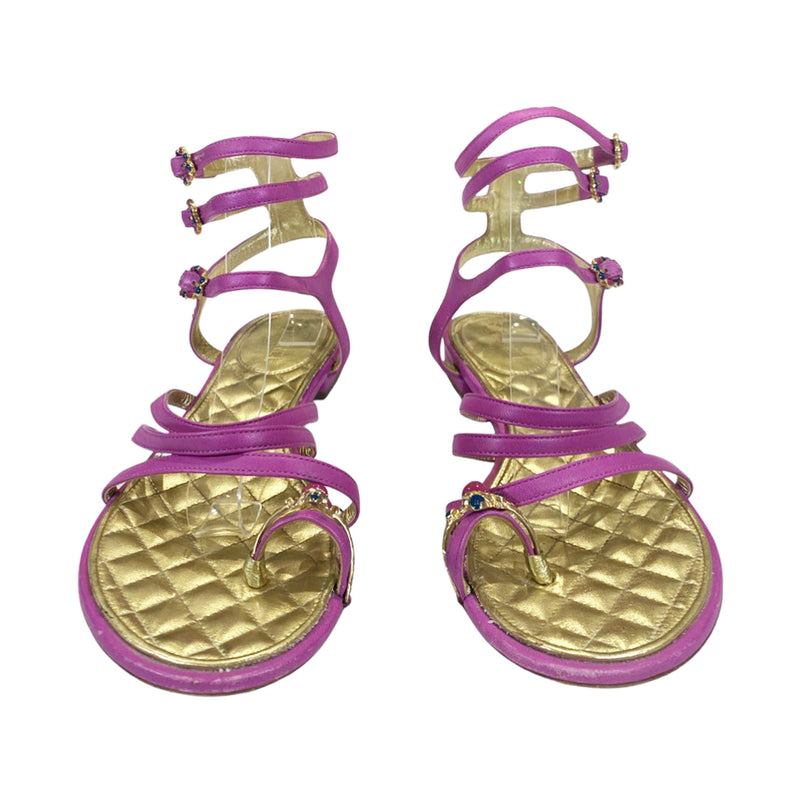 pre-loved CHANEL fuchsia and gold leather sandals | Size 38