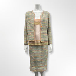 pre-owned CHANEL tweed set of jacket, top and, skirt | Size FR42